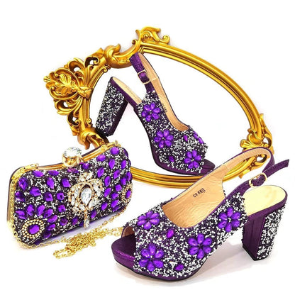 gold Women Shoes Match Purse With Big Crystal Decoration