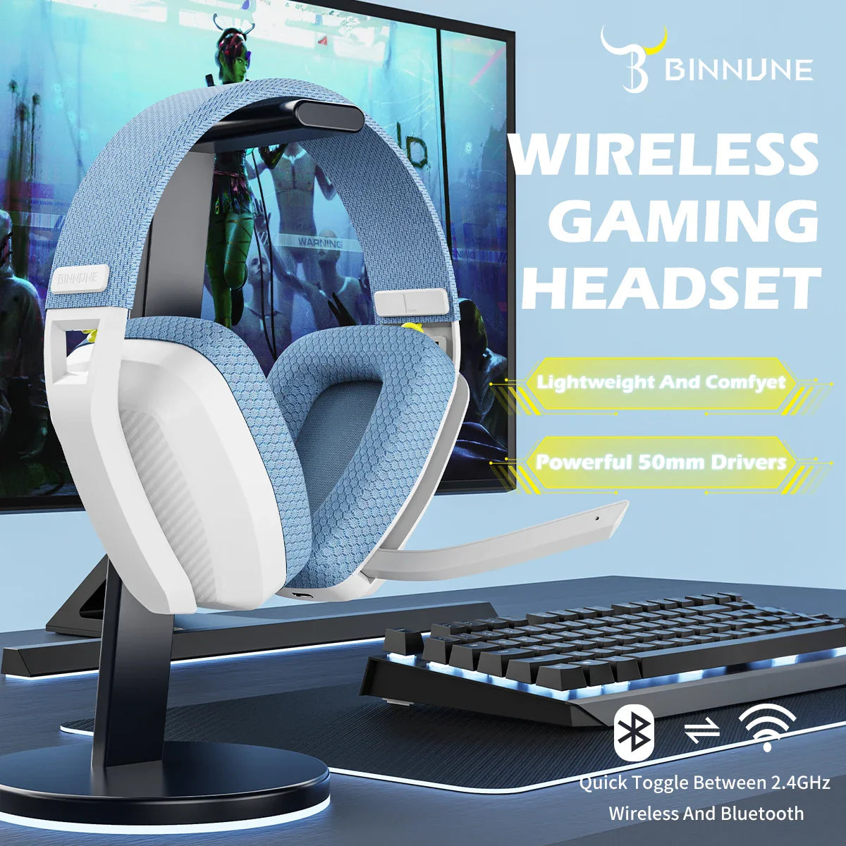 BINNUNE BW06 Bluetooth Headsets Gamer with Mic Wireless 2.4GHz Gaming Headphones with Microphone for PS5 PS4 PC Mac Playstation
