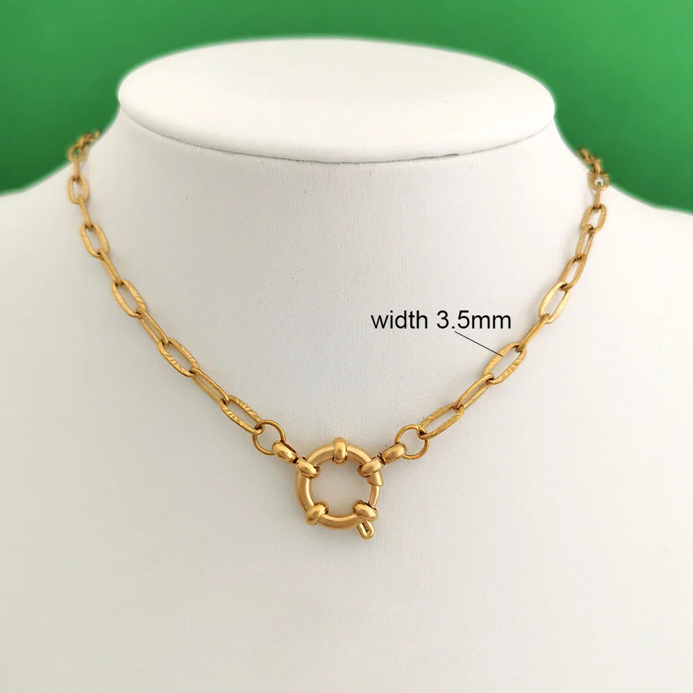 QMHJE Spring Sailor Clasp Necklace Women Men Choker Stainless Steel Geometric Paperclip Link Chain Rolo PVD Gold Color Wholesale