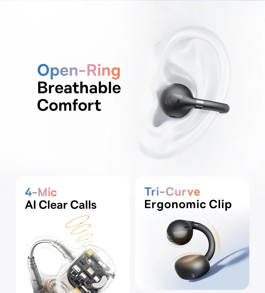 Baseus BC1 Ear Clip Earbuds Open Ear Wireless Earphones Bluetooth 6.0 Clip On Sports Headphones 4-Mics Super Bass IP55 Ear buds