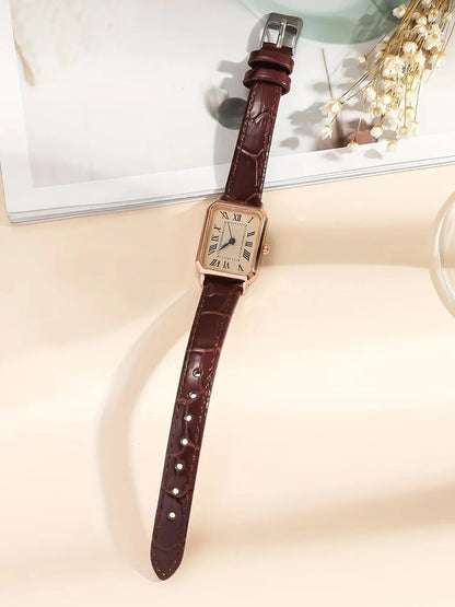 Casual Rectangle Pointer Quartz Watch Rome Fashion Analog Retro PU Leather Wrist Watch For Women Girls