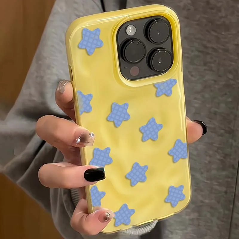 Cartoon Black Checkered Star Pattern Korean Phone Case for IPhone 16 17 Air 15 14 13 12 11 Pro Max Plus Shockproof Soft Cover