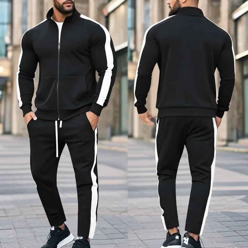 2025 Spring Autumn Men's 2-Piece Set Color Blocking Zipper Stand Collar Casual Sports Jacket Sweatshirt Trousers Suit