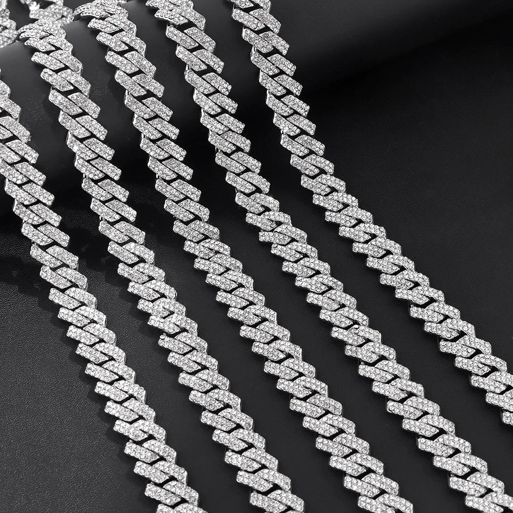 HipHop Men Women 14MM Prong Cuban Link Chain Necklace Bling Iced Out 2 Row Rhinestone Paved Miami Rhombus Cuban Necklace Jewelry