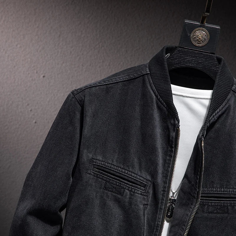 Autumn New Stand Collar Zipper Denim Jacket Men Casual British Slim Black Coat