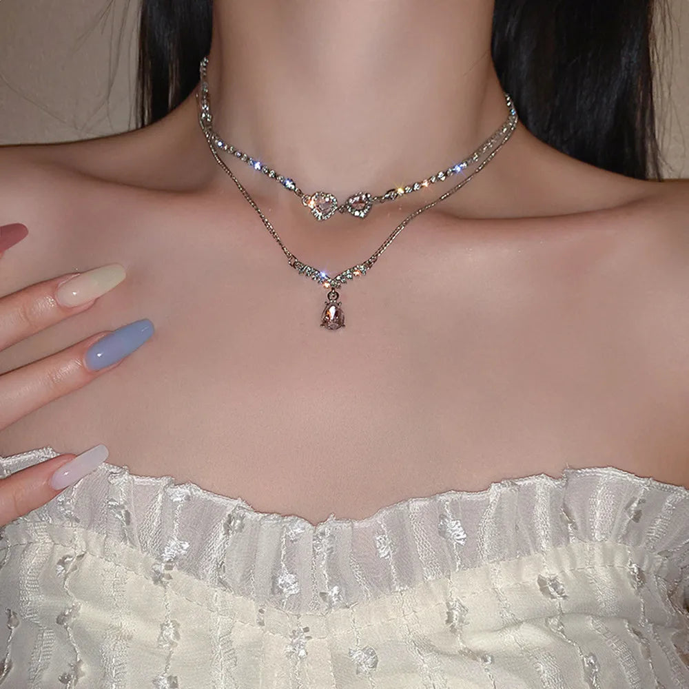 Korean Fashion Sweet Heart Shaped Necklace For Women Crystal Zircon Pendant Clavicle Chain Elegant Romantic Party Gift Jewelry