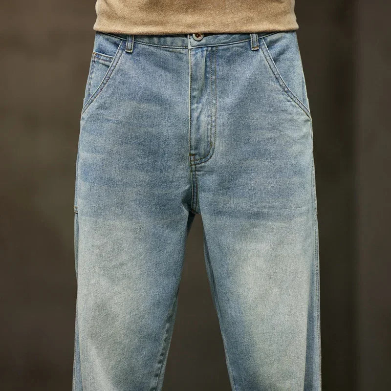 Wide Leg Jeans Men Baggy Pants Summer Straight Cut Loose Retro Blue Denim Pants