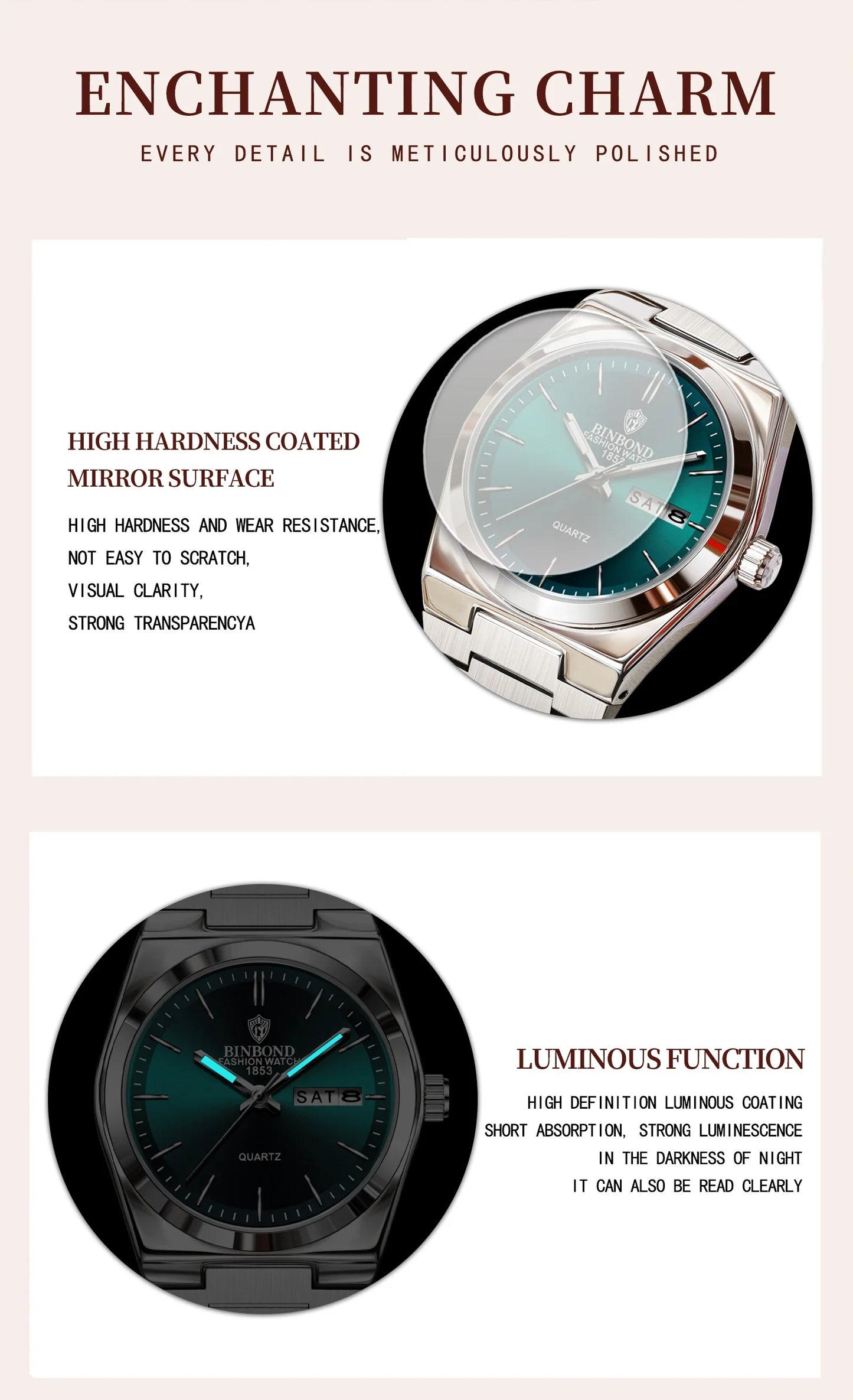 BINBOND 103 Business Women's Quartz Watch Waterproof Double Calendar Night Light Non Mechanical Ultra Thin Women's Quartz Watch