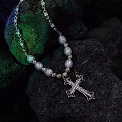 Pearl Cross Pendant Necklace Hip Hop Retro Men Women Religious Jewelry