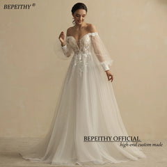 Boho Ivory Wedding Dresses For Women Bride Deep Neck Full Sleeves