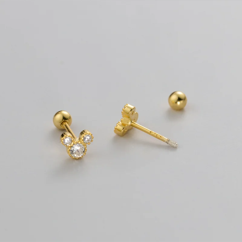 WANTME 925 Sterling Silver Fashion Cute Cartoon Mouse Screw Bead Stud Earrings for Women Simple Chic Girl Party Jewelry Gifts