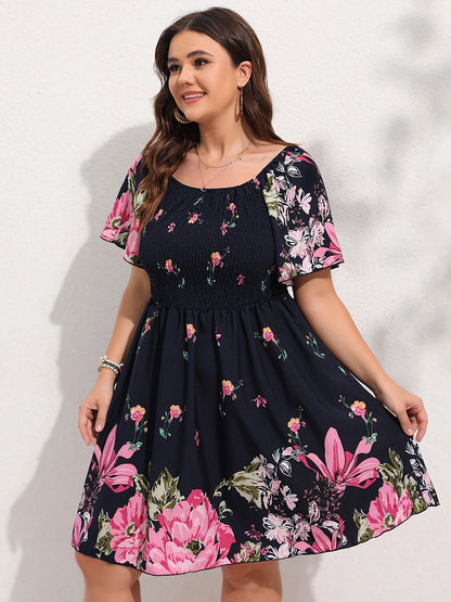 Finjani Allover Floral Print Shirred Midi Dress Plus Size Lantern Sleeve High Waist Dresses For Women 2023 Summer