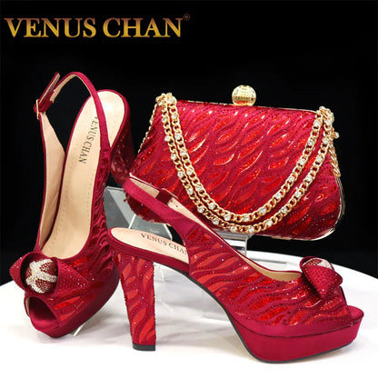 Venus Chan 2024 Newest Arrival Wine Red Color Peep Toe Women Sandals Shoes Matching Bag Set For Ladies Wedding Party Pump