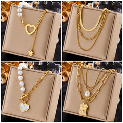 316L Stainless Steel Gold Color Heart Pearl Pendant Necklace For Women Punk Street