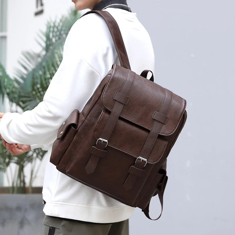 2023 Men Backpack PU Leather Bagpack Large Laptop Backpacks Male Mochilas Black Schoolbag For Teenagers Boys Brown Sac A Dos
