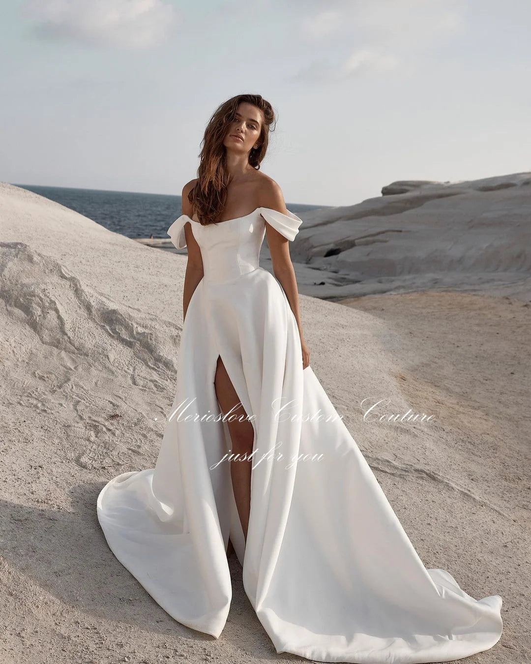 White Bridesmaid Dresses: Wedding Dresses Off the Shoulder Sleeveless Side Split Beach