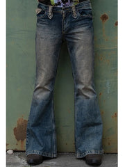 Men Flared Baggy Jeans Bootcut Leg Distressed Patchwork Denim Pants