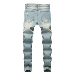 Retro Solid Holes Skinny Men Jeans Trousers Stylish Male Ripped Stretch