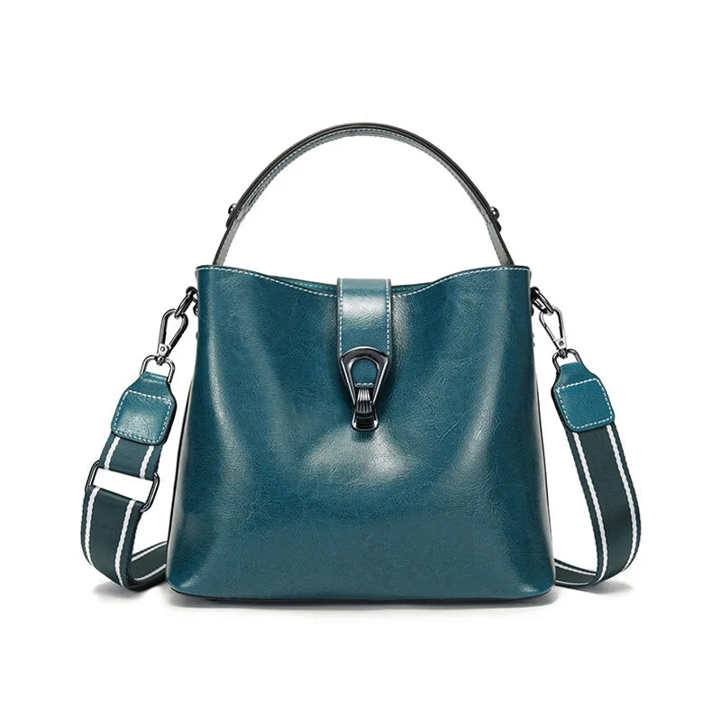 Real Oil Wax Leather Women's Bucket Bag Casual and Simple Handbag Large Capacity