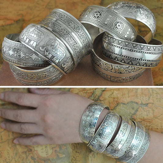 Meetvii New Retro Cuff Bracelets Tibetan Silver Metal Carving Sea Turtle Lotus Elephant Flower Bangles Vintage Gypsy Jewelry