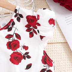 Girls Summer Clothes Casual Style Clothes Ruffles Printed Flower Bowknot