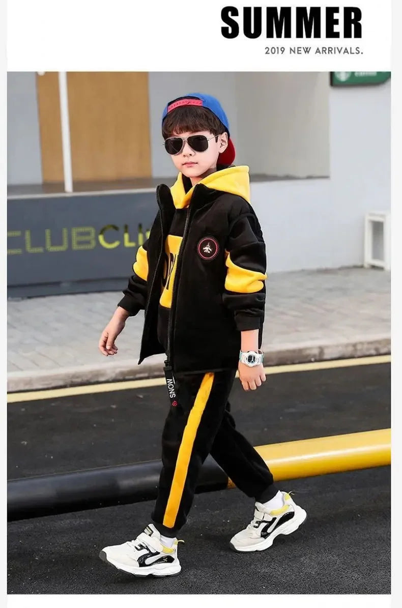 2023 winter Boys tracksuit Autumn Toddler Teenager Clothes vest velvet jacket + Sweatishrt hooded + Pant Children Kids 4 12 year