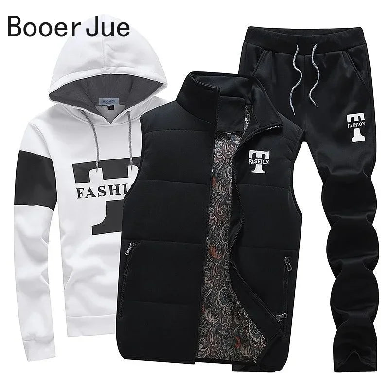 3 Pieces Set Hoodies+Vest+Pants Casual Track Suit Clothing Coats Winter Thick Warm Tracksuit for Couple Printed Mens Set Vest