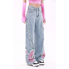 Blue Womens Jeans Butterfly High Waist Straight Baggy Denim Pants American