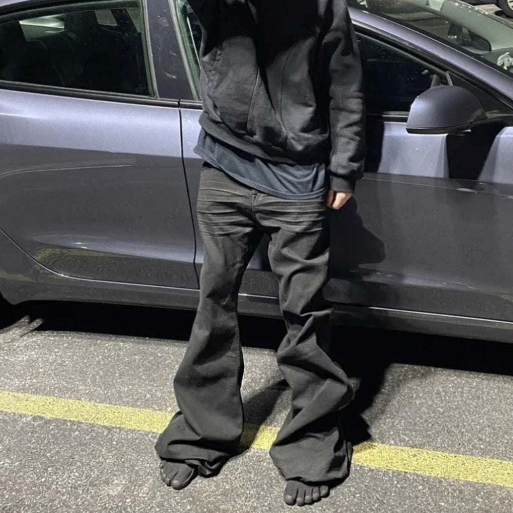 Y2K RO Style Wide Leg Black Vintage Jeans Flare Pants Men's Harajuku Solid Streetwear