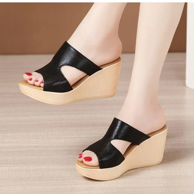 Summer Ladies Slippers New Fashion Platform Wedge Women's Pumps Designer High Heel Sandals Open Toe Fish Mouth Shoes Mules