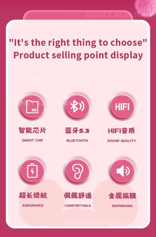 Disney Original Earbuds E6S Mini Cartoon Wireless Earphones Bluetooth 5.3 HIFI Sound Noise Reduction Headphone Long Battery Life