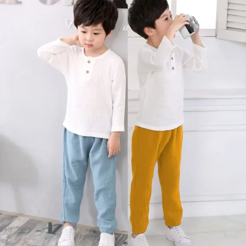 Children's Spring Summer Organic Cotton Set Boys Girls' Thin Solid Color Soft Muslin Clothes 0-6Years Soft T Shirt Wholesale