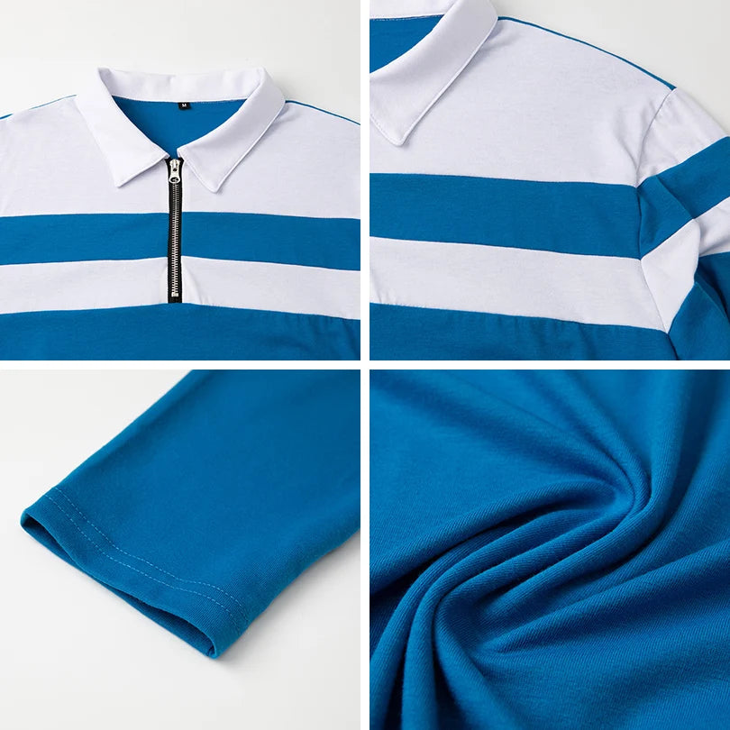 Men's Long Sleeve Striped Polo Shirts 1/4 Zip Cotton Patchwork Collared Shirt Casual Fashion Pullover Slim Fit Golf Shirt