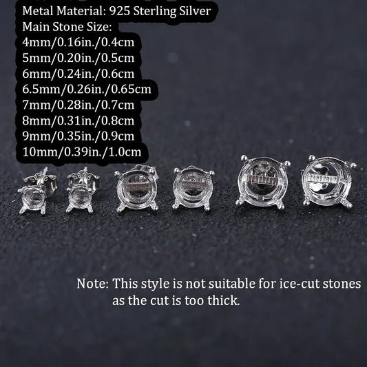 925 Silver 4-Claw Earring Settings 4mm-10mm Round Stone Holders DIY Jewelry Findings for Handcraft Earring Making
