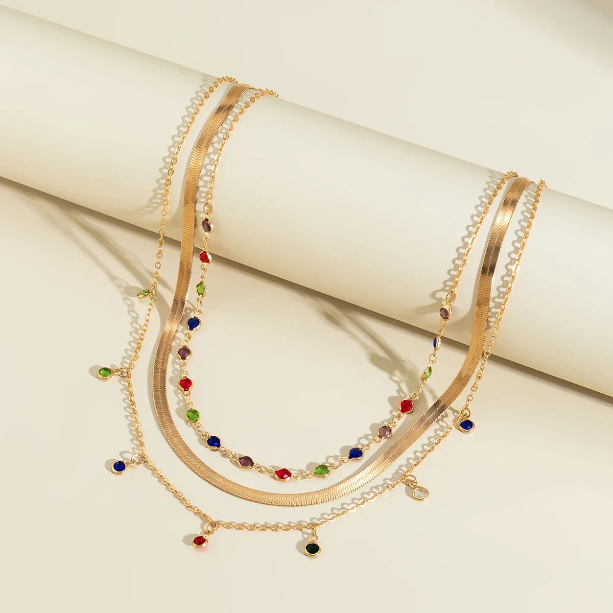 IngeSight.Z 2026 Trendy MultiLayered Color Crystal Chain Choker Necklace for Women Boho Flat Snake Chain Clavicle Short Necklace