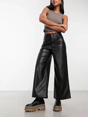 Women Casual Loose Faux Leather Cargo Pants Fashion Ladies Vintage Matte