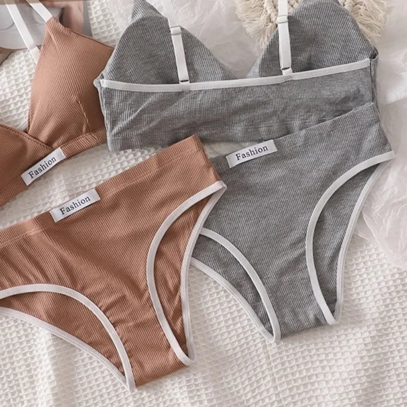 Underwear Set Women Bra Briefs Set Low Waist Panties Wire Free Vneck Bra Bralette