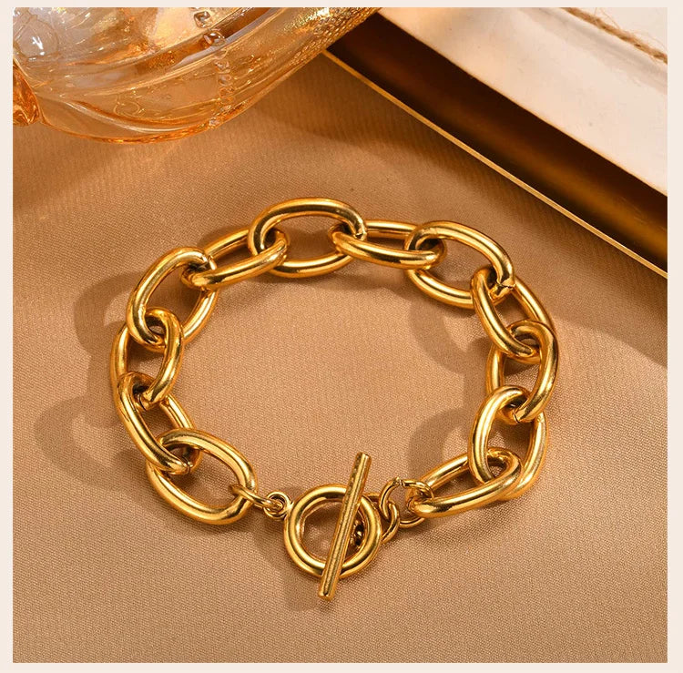 Chunky Bold Toggle Bracelets for Women, Stainless Steel OT Buckle Link Chain Bracelet Gold Plated Tarnish Free