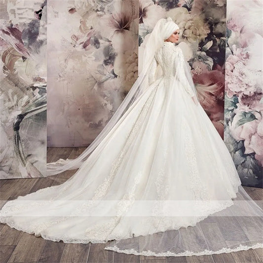 Wedding Dresses High Neck Long Sleeve Tulle Lace Applique Beading