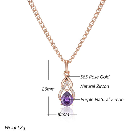 Sparkling Purple Water Drop Natural Zircon Pendant Necklace for Women 585 Rose