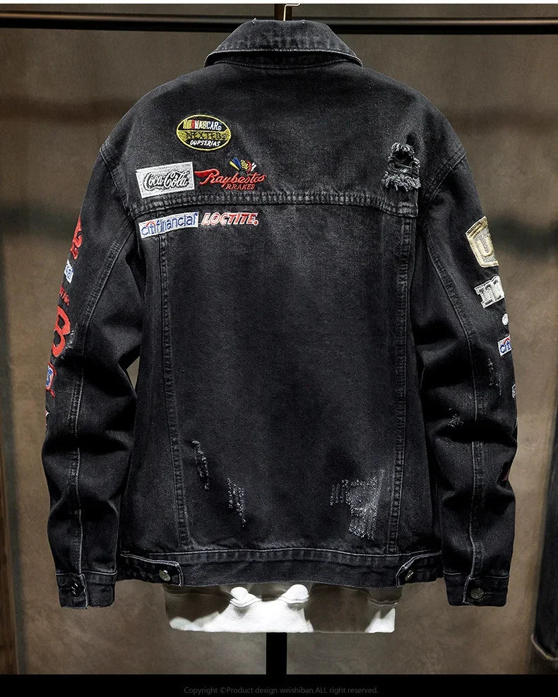 High-end Denim Jacket Men's Fashion Brand Spring Loose Hip Hop Embroidery