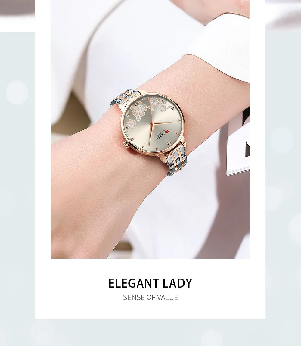 CURREN Fashion Quartz Wristwatches for Women Simple Stainless Steel Watch Bracelet with Flower Design Dial