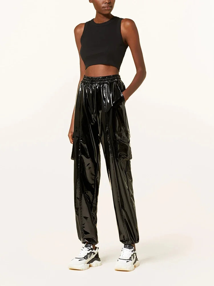 Casual High Waist Faux Latex Cargo Pants Women Shiny Patent Leather Drawstring