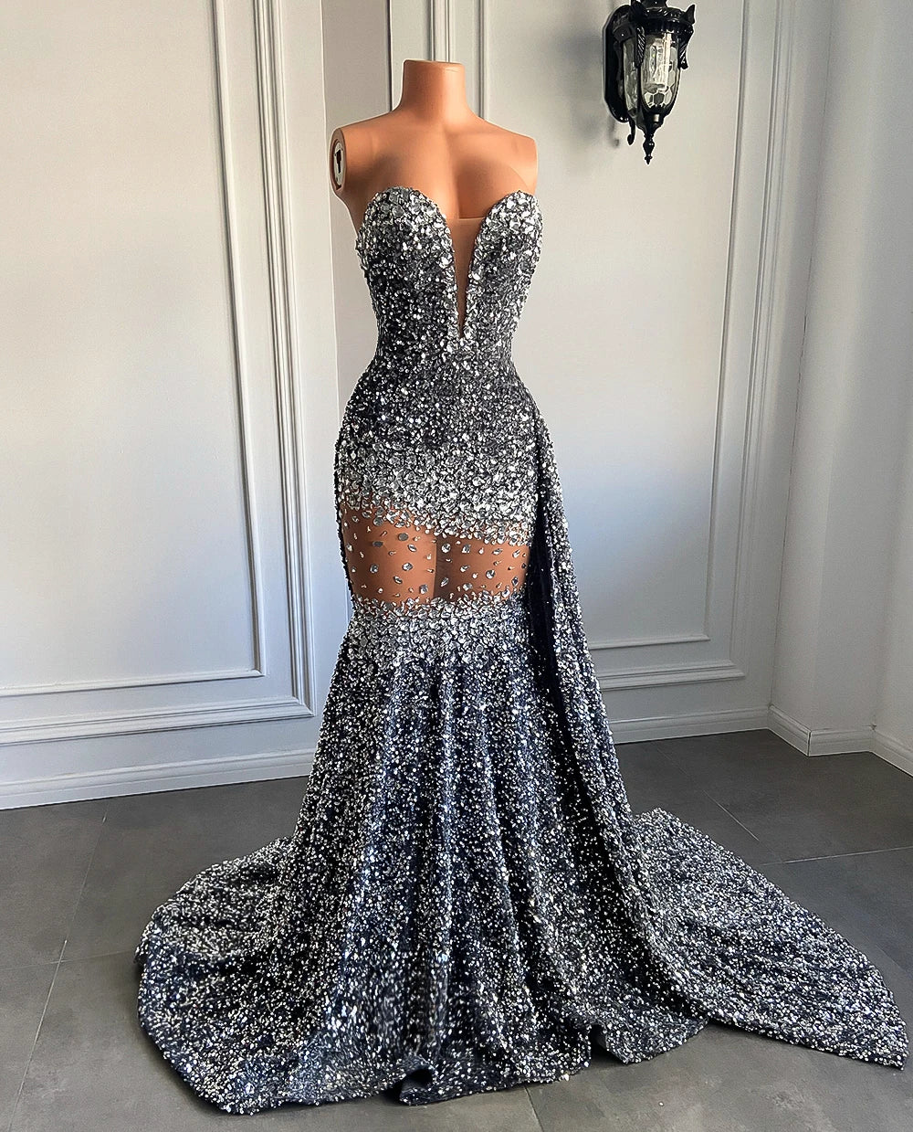 Homecoming Dresses: Prom Dresses Luxury Silver Diamond Crystals Prom Gowns