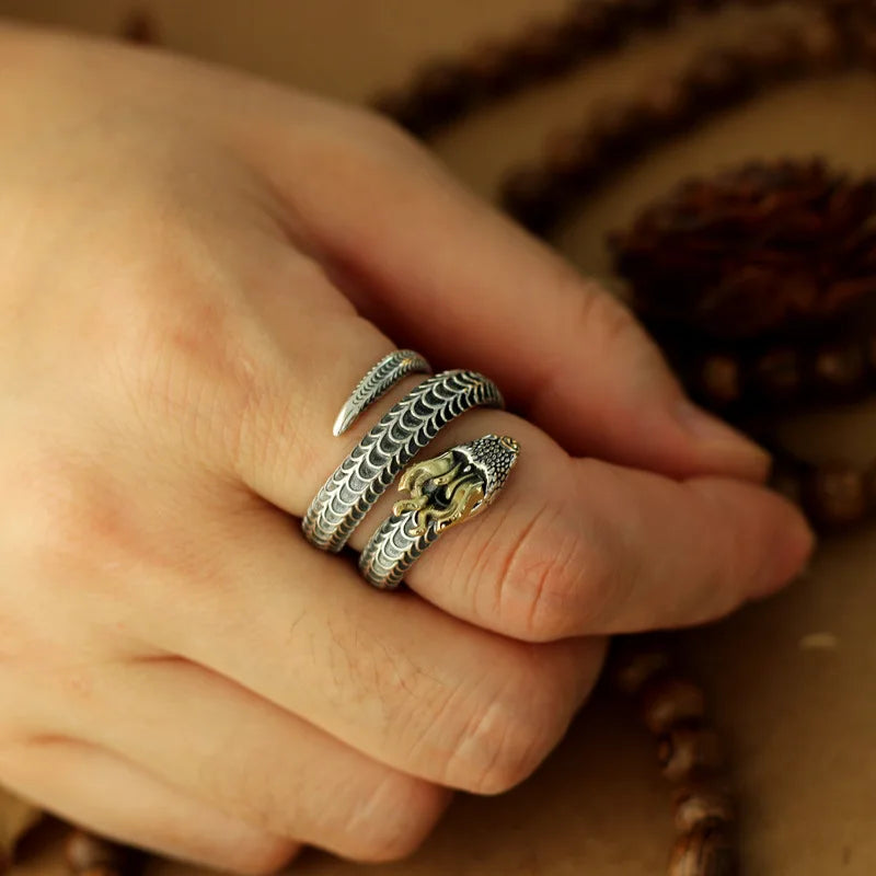 925 Sterling Silver Male Big Ring Elegant Horned snake Open Ring Finger