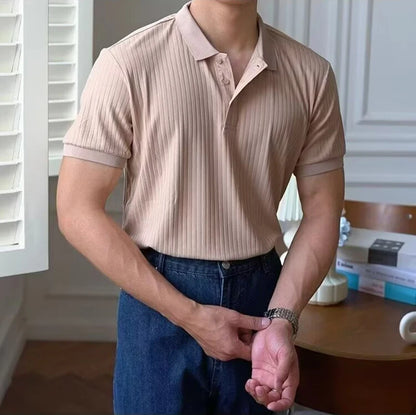 Vertical Stripe Knit Polo Men's Shirts Summer New Slim Solid Color Breathable Turn-Down Collar Business Short Sleeve Polo Tops
