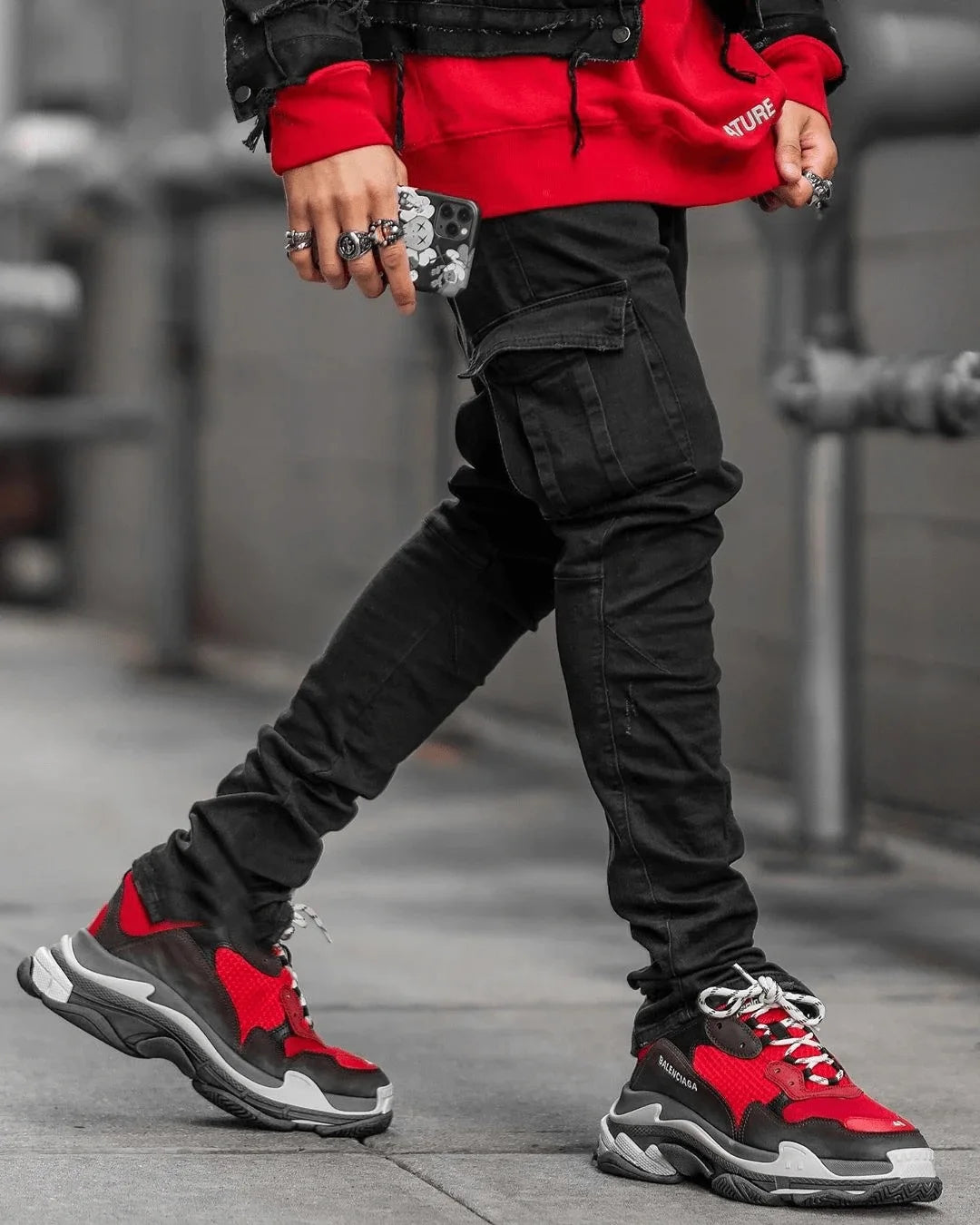 Jeans Men Black Cargo Pants Multi Pockets Denim Pantalones Blue Slim Fit