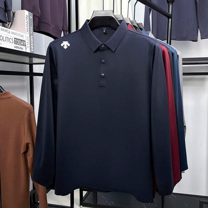 Luxury Quality Men's Polo Shirt No Trace Simple Solid Color Geometric Print Long Sleeve Autumn Lapel T-Shirt Business Menswear