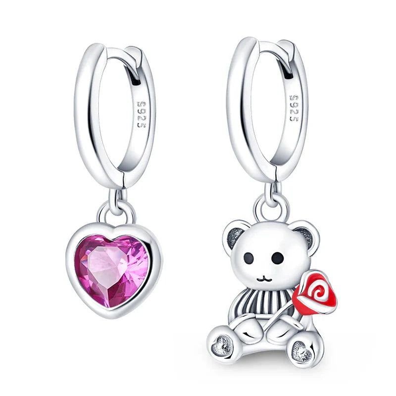 Earrings For Womens 925 Silver Color Pink Rainbow Horse Bear Bee Double Hoop Earrings Fine Engagement Anniversary Jewelry Gifts