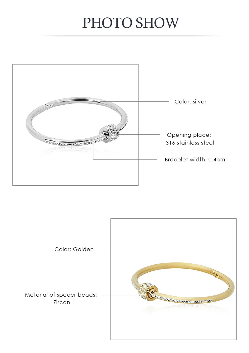 MOONLIGHT Classic Stainless Steel Zircon Bangle For Women Circular Screw Bracelet Female Jewelry Gifts Fashion Accessories